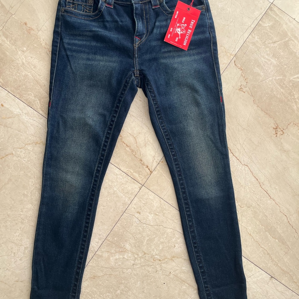 True Religion Blue Denim Jeans with Red Stitching Jenny Curvy, size 29, NWT - Picture 2 of 8